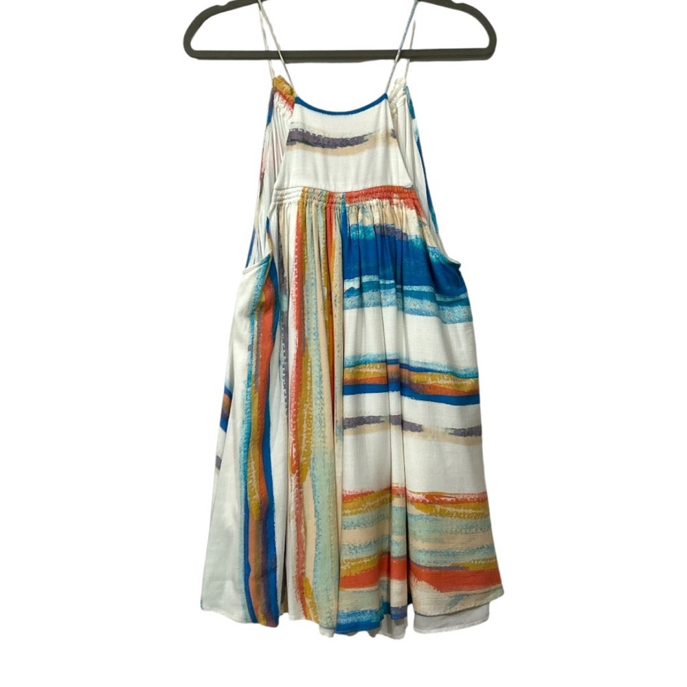 Free People Painted Stripe Mini Dress Halter Tunic White Multi Sundress Large - Picture 10 of 15